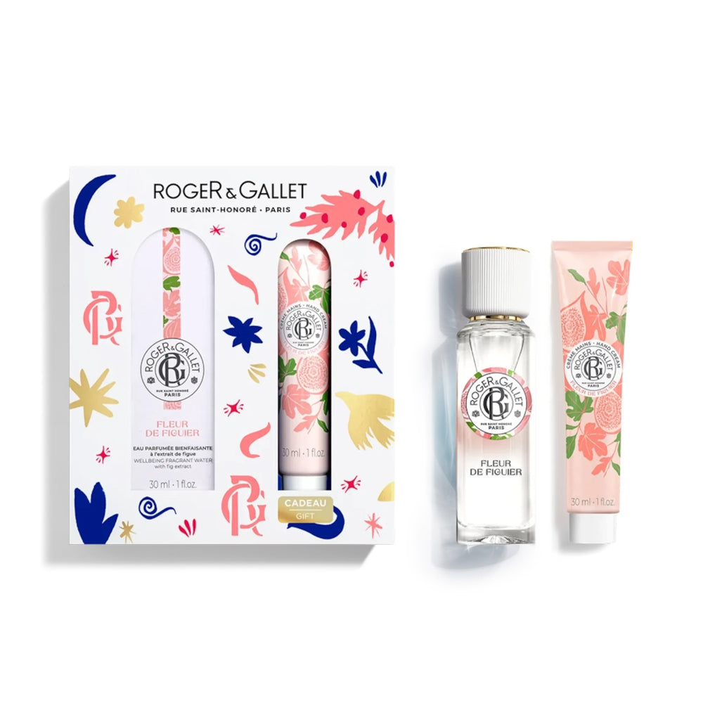 Roger & Gallet perfume set with floral design on a white background