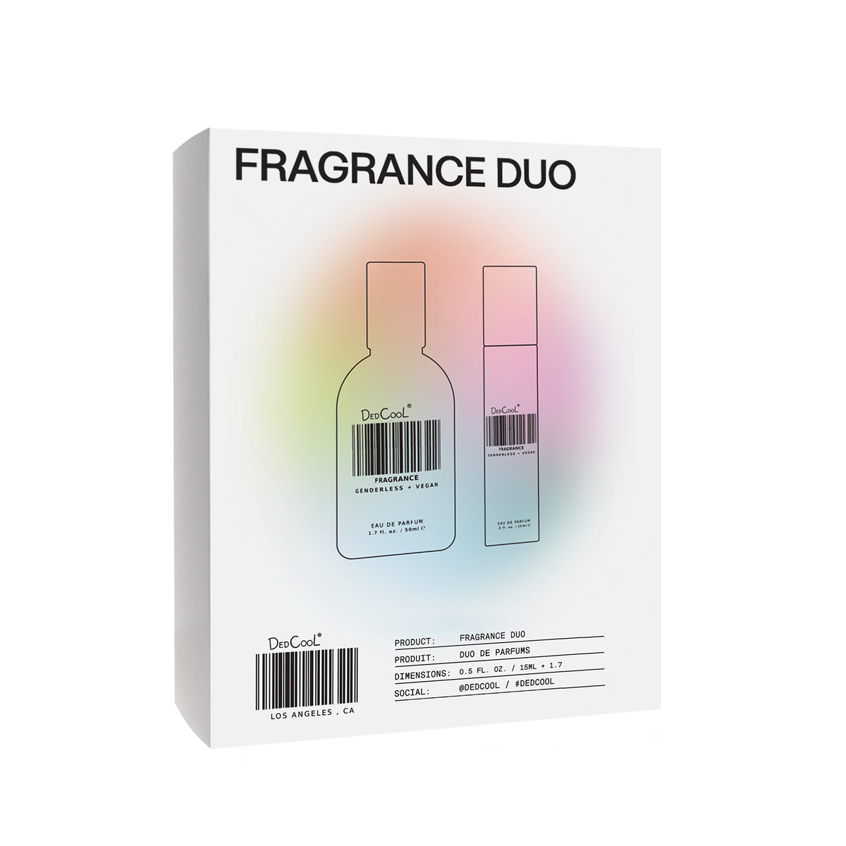 Fragrance duo packaging with bottles on a gradient background