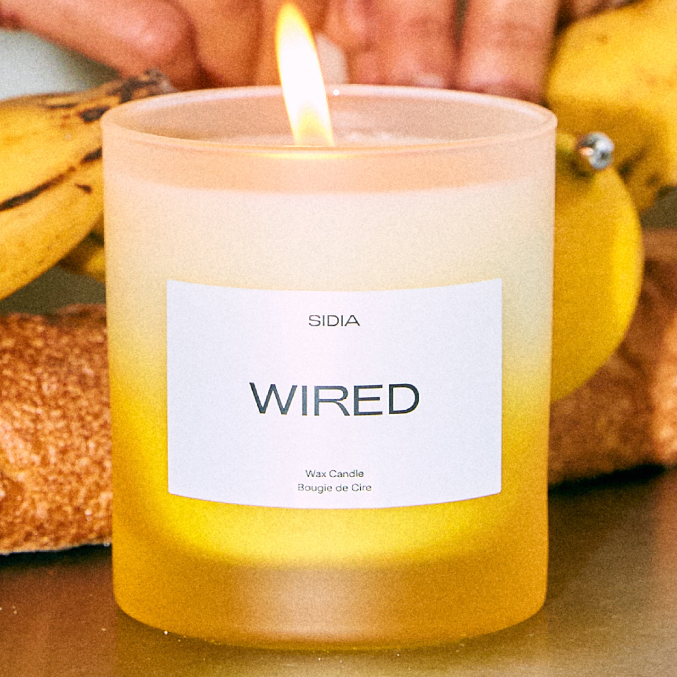 SIDIA candle in the scent "WIRED" in front of yellow fruit