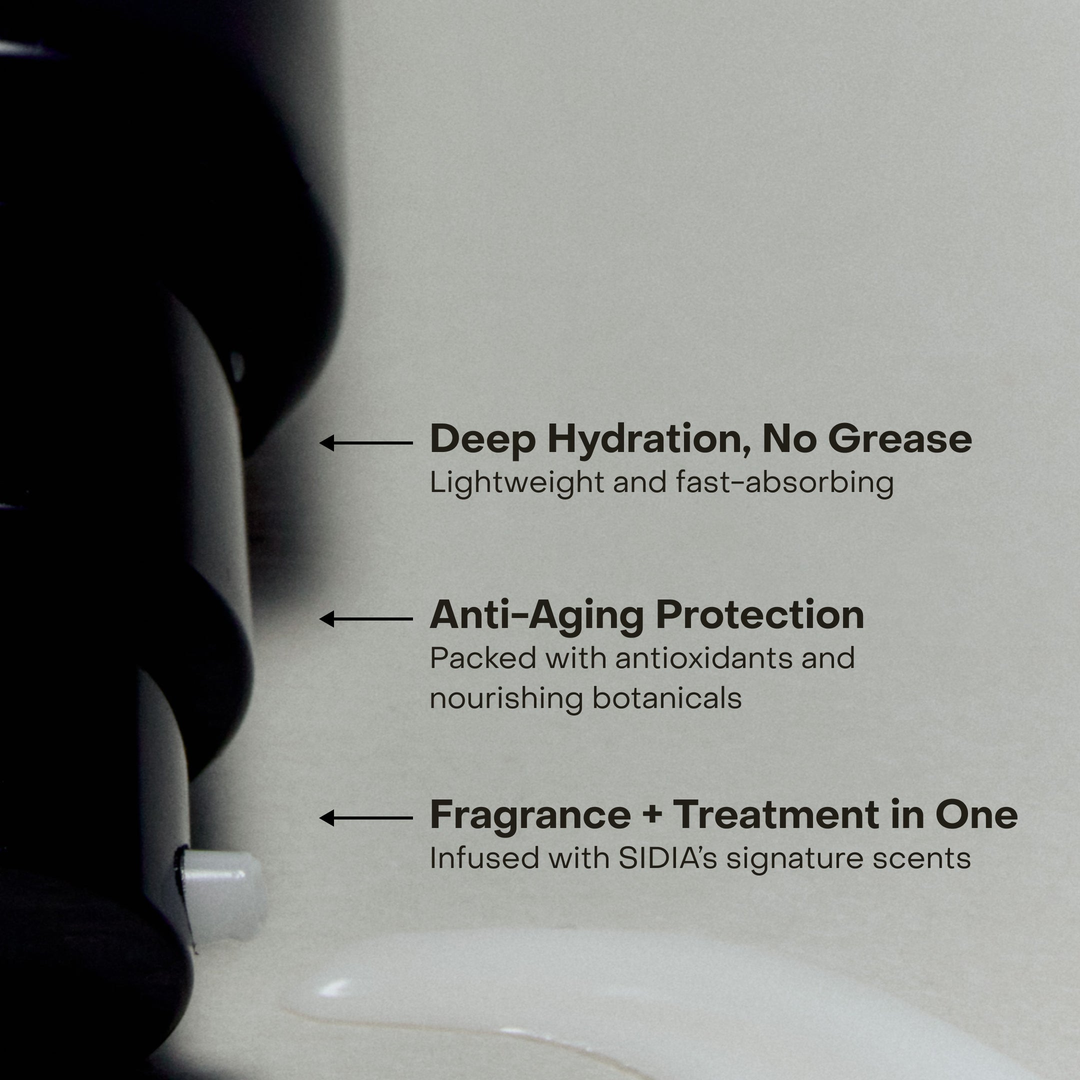 Qualities including hydration, anti-aging, and fragrance listed in reference to The Hand Serum product