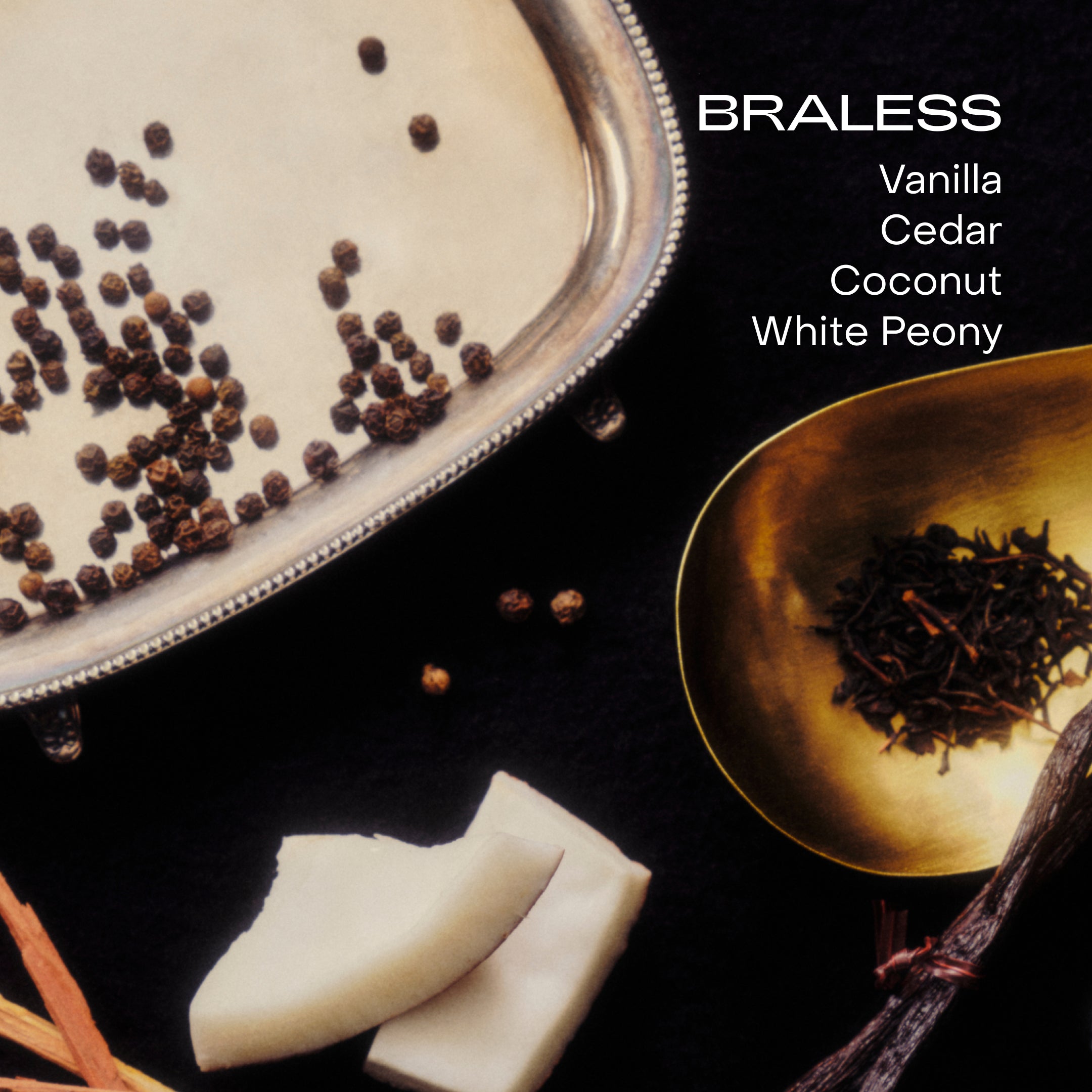 Spices and vanilla beans with 'BRALESS' branding on a dark background