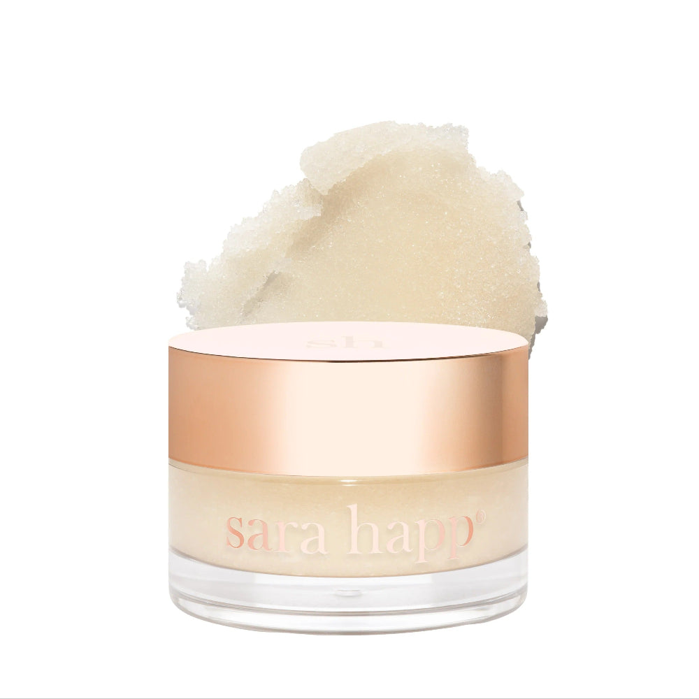 Jar of cream Sara Happ Lip Scrub in front of product swatch on a white background