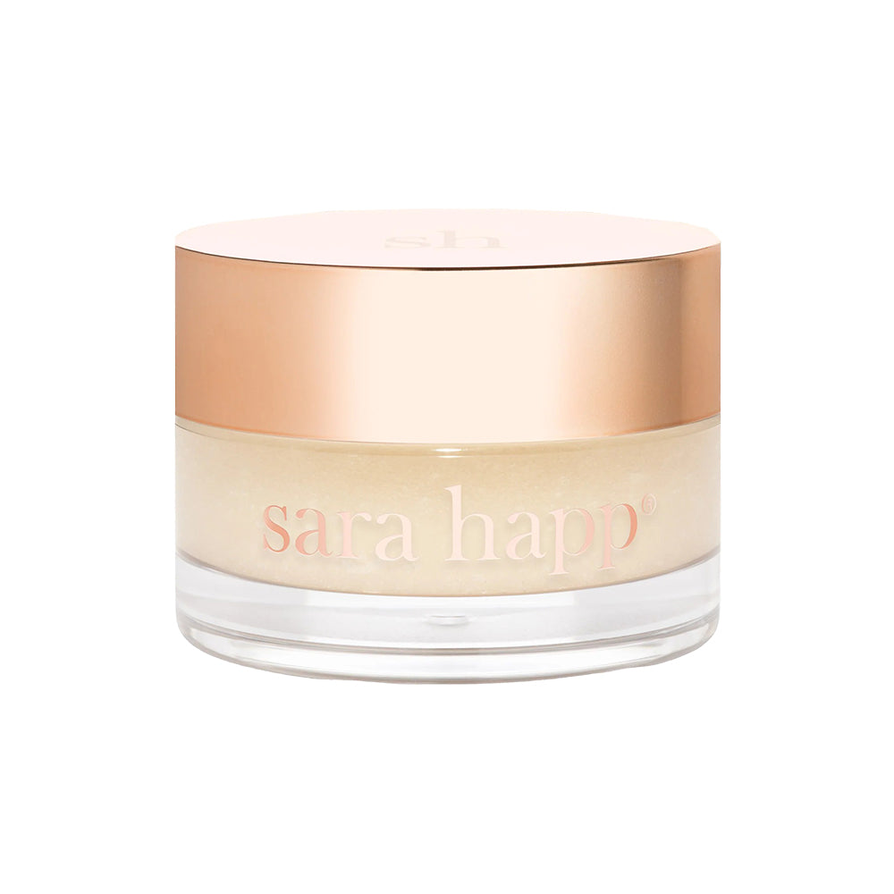 Lip Scrub jar with 'sara happ' branding on a white background