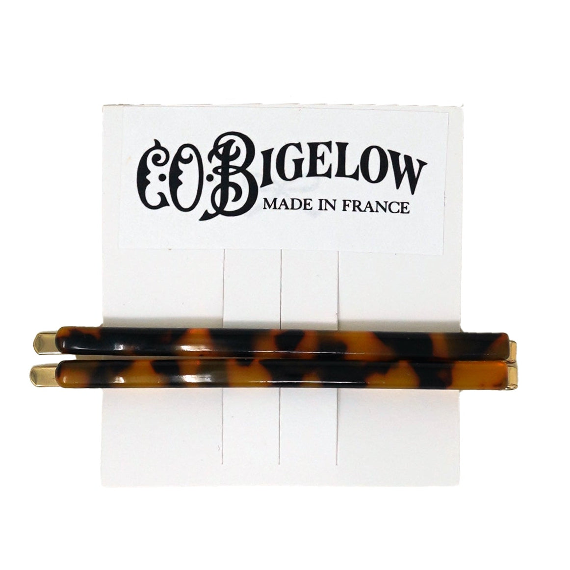 Tortoiseshell hair clip on a Bigelow branded card with 'Made in France' text.
