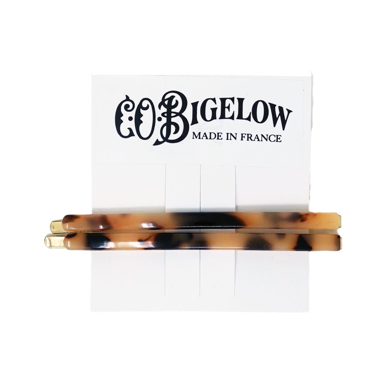Tortoiseshell hair clip on a white background with 'Bigelow' branding.