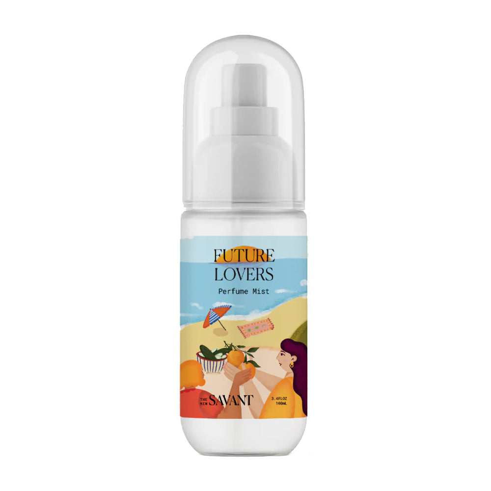 Perfume mist bottle with 'Future Lovers' label on a white background