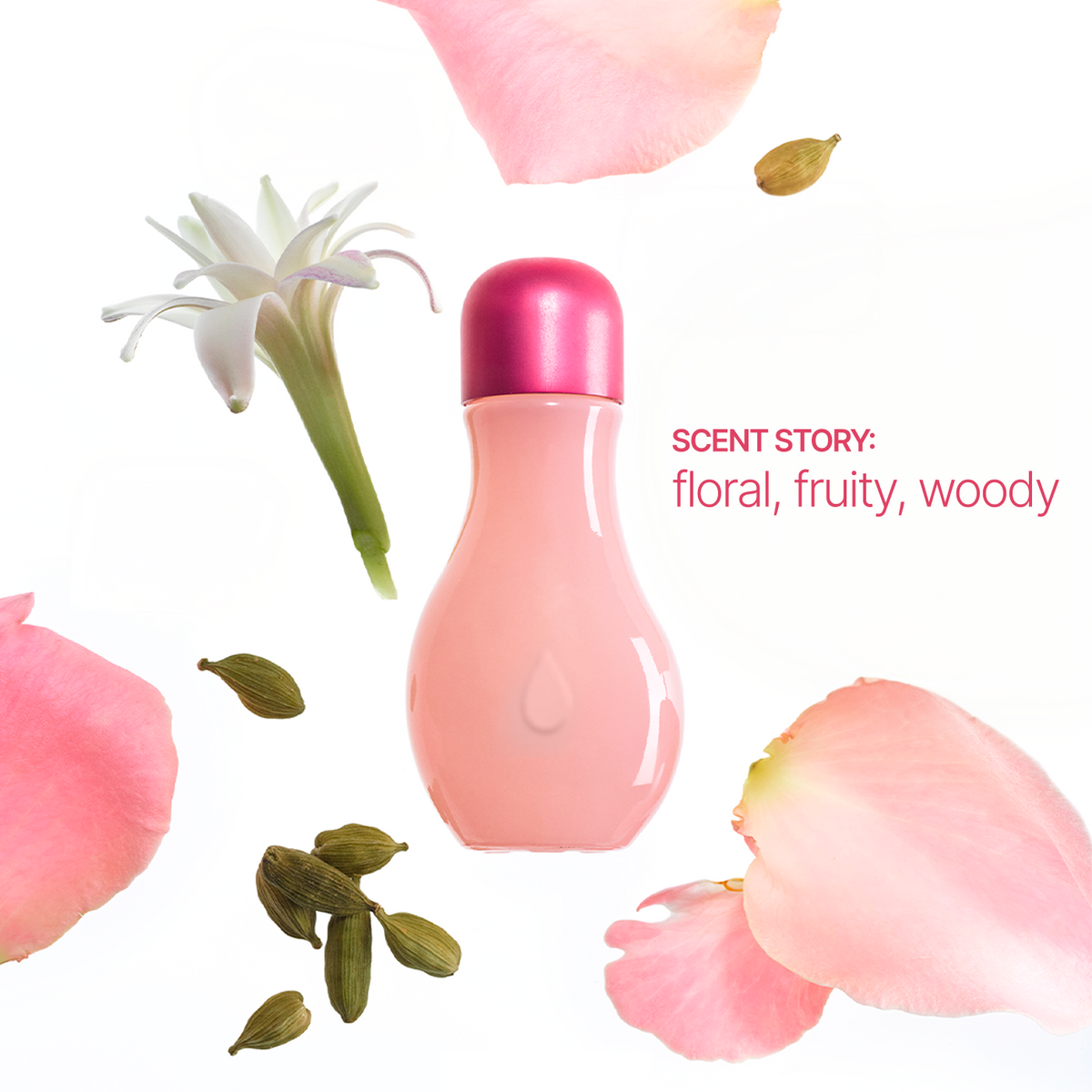 A pink teardrop-shaped perfume bottle with a metallic pink cap, surrounded by pink flower petals, a white flower, and green cardamom pods on a white background, with text reading 'SCENT STORY: floral, fruity, woody'.