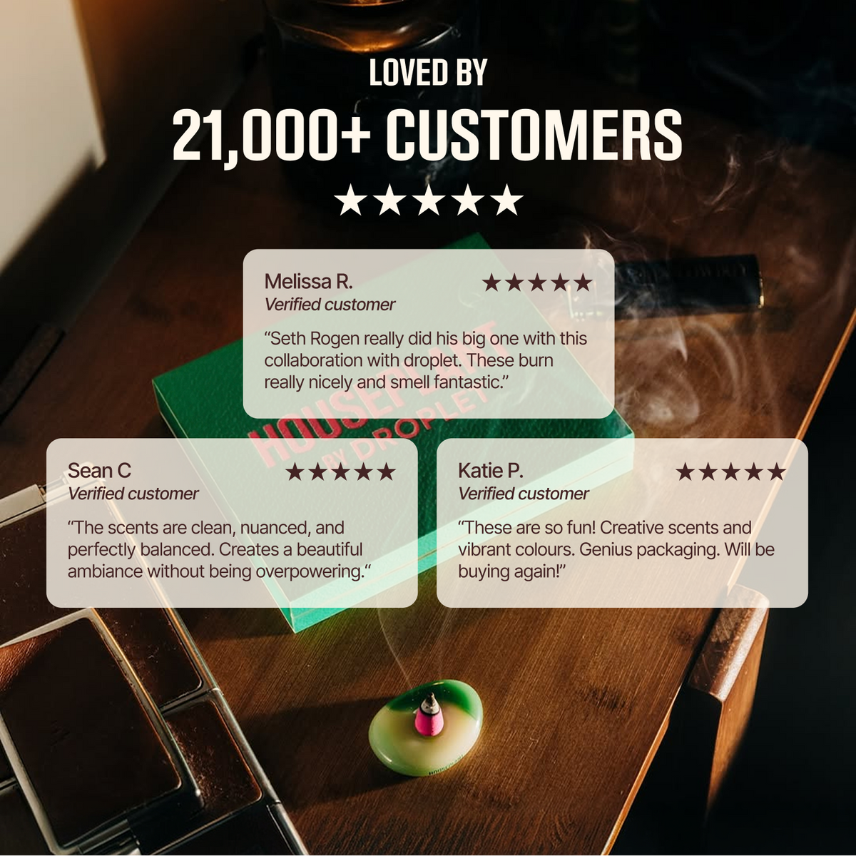 Promotional graphic with the text 'LOVED BY 21,000+ CUSTOMERS' over a dark smoky background, showing three customer review cards with names, verified badges, and five-star ratings.