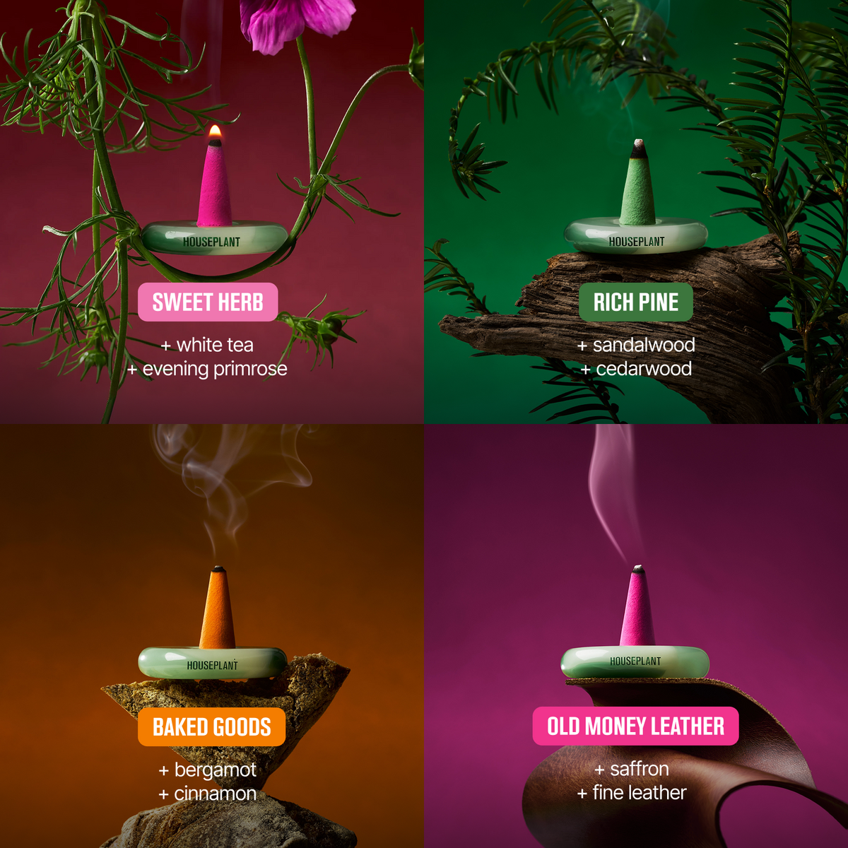 Four incense sticks from HOUSEPLANT arranged in a 2x2 grid with themed backgrounds and labels: Sweet Herb with white tea and evening primrose on a pink-tinted dark red background; Rich Pine with sandalwood and cedarwood on a green background; Baked Goods with bergamot and cinnamon on an orange-brown background; Old Money Leather with saffron and fine leather on a purple background.