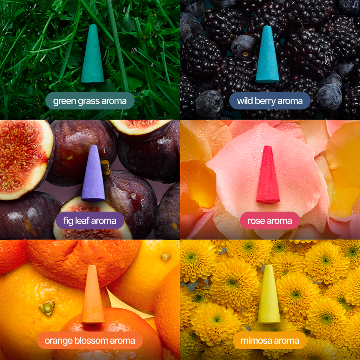 Six square panels show a small cone-shaped diffuser or fragrance element placed on top of different natural surfaces, with labels reading green grass aroma, wild berry aroma, fig leaf aroma, rose aroma, orange blossom aroma, and mimosa aroma.