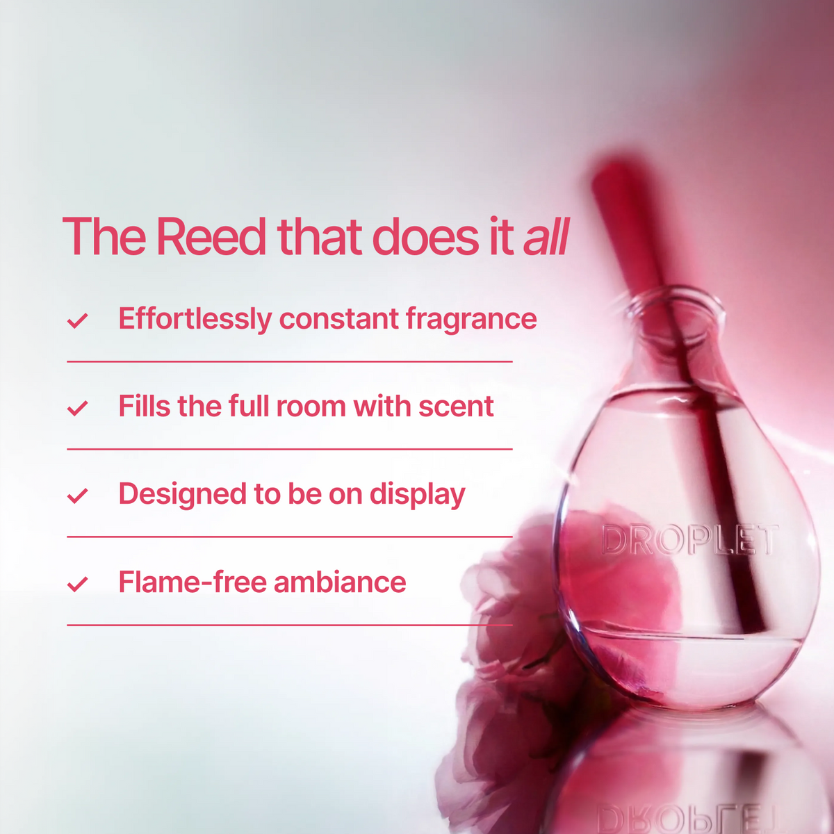 A pink droplet-shaped perfume bottle labeled DROPLUST with a red reed inserted, set against a soft pink and white background with marketing text on the left.