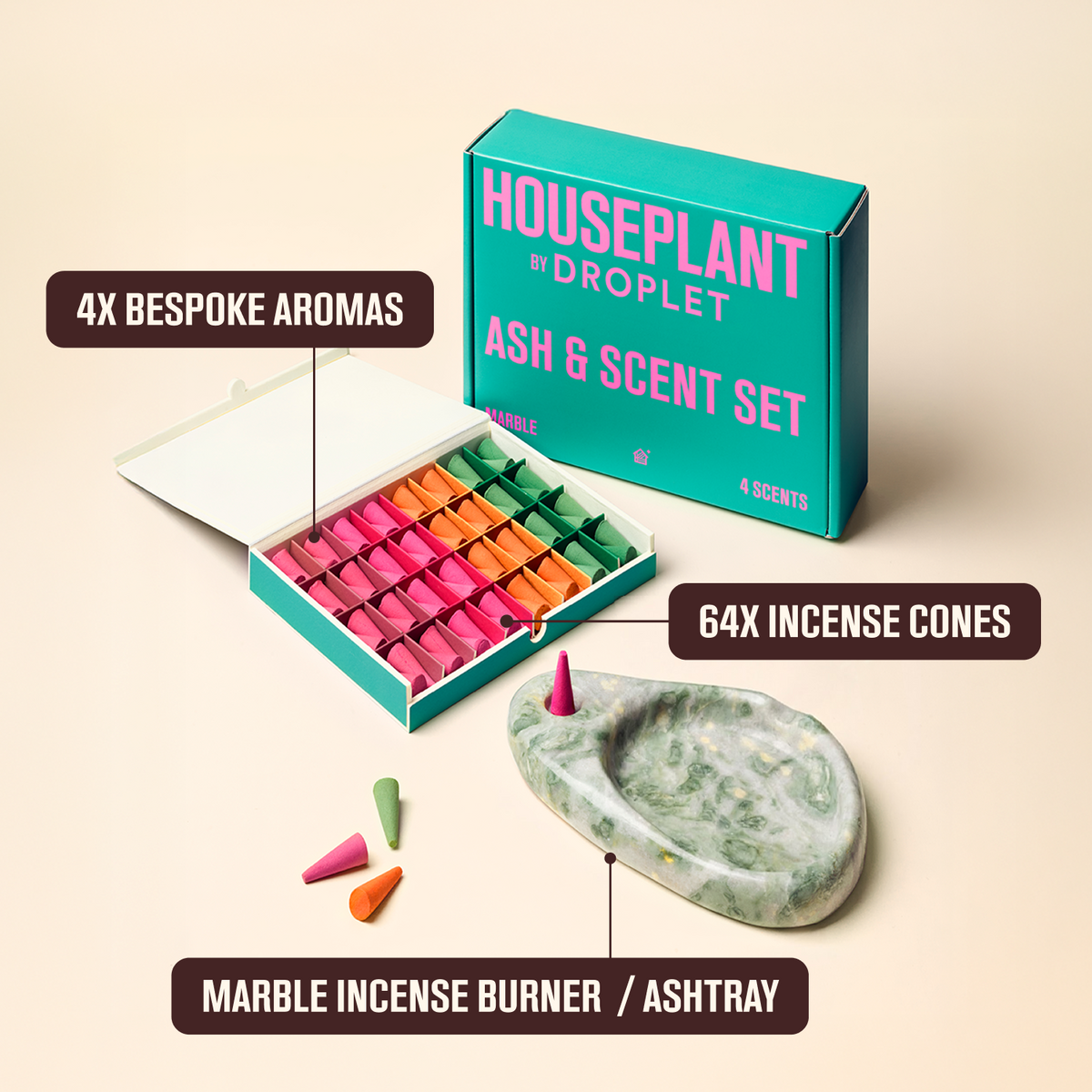 Ash & Scent Set by Houseplant by Droplet shown with its teal box, open tray of colorful incense cones, and a marble incense burner on a warm beige background with callout labels.