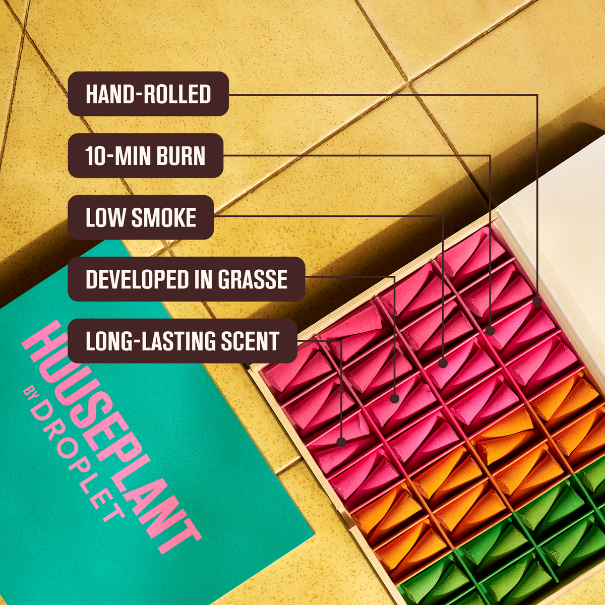 An open box of colorful scented droplets on a tan tiled surface, with a teal branded card reading HOUSEPLANT BY DROPLET. White text callouts describe the product as hand-rolled, 10-min burn, low smoke, developed in Grasse, and long-lasting scent.