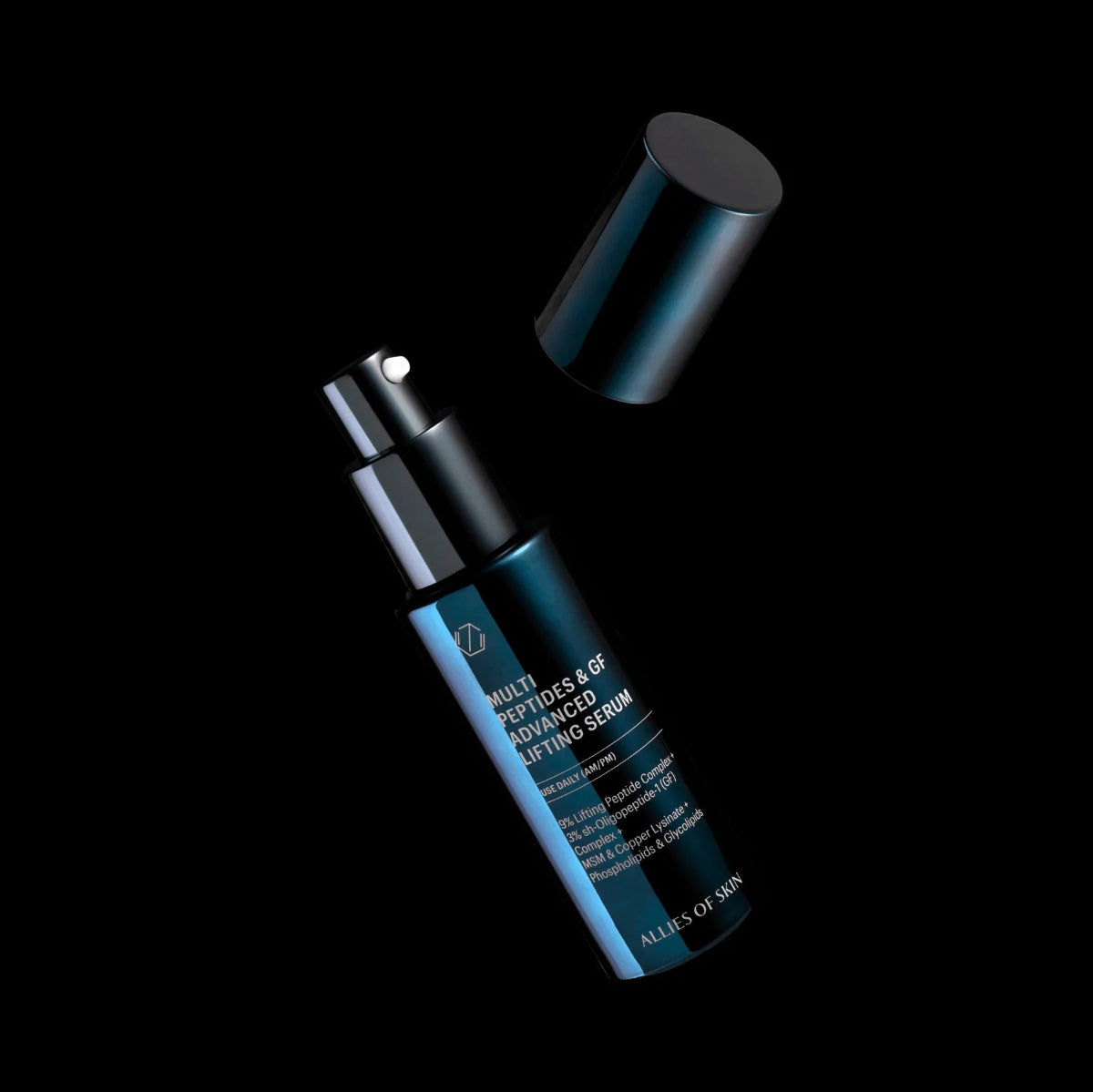 Allies of Skin's Multi Peptides & GF Advanced Lifting Serum on a black background.