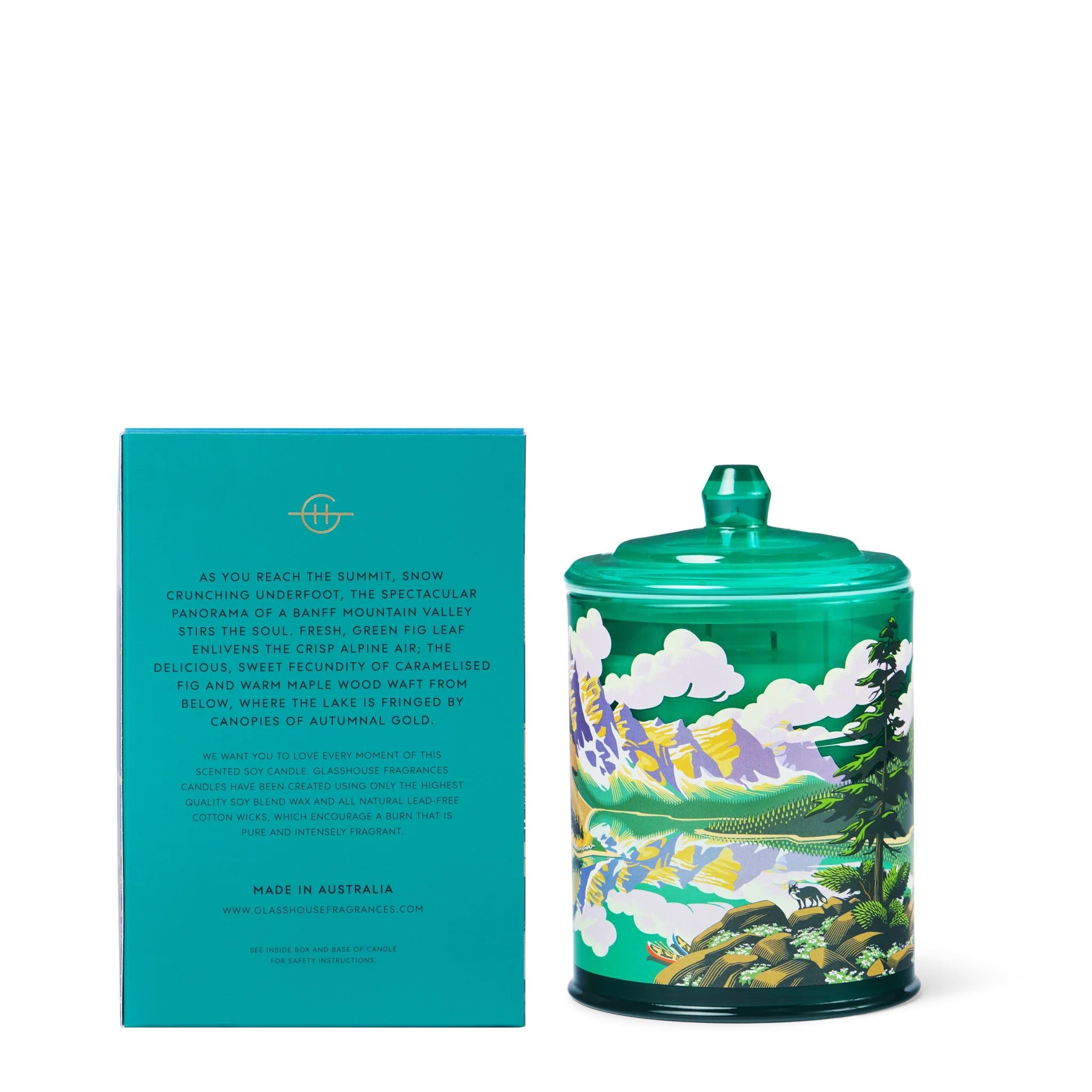 Teal ceramic jar with nature-themed design and matching box on a white background