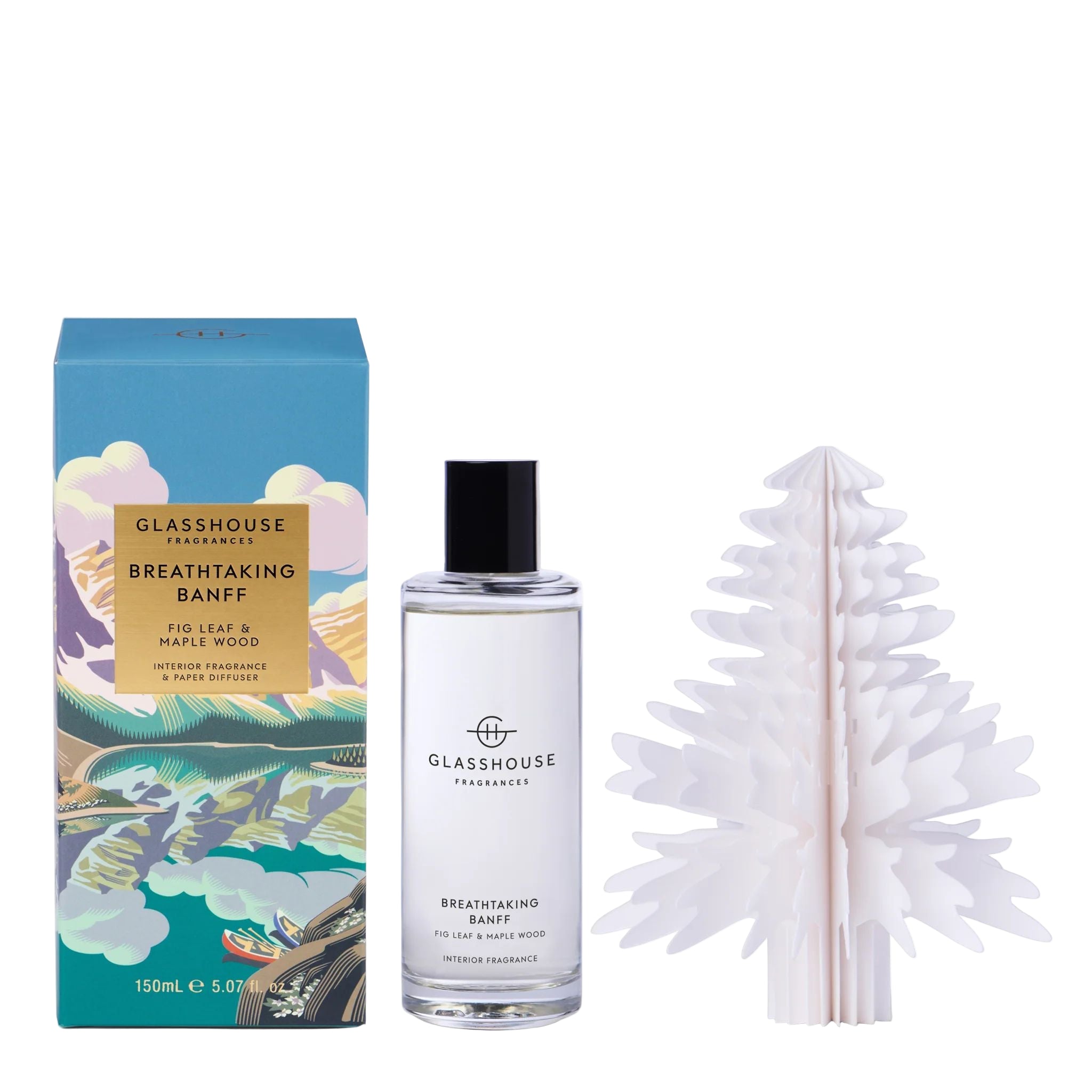 Glasshouse Fragrances product set with bottle, packaging, and diffuser on a white background