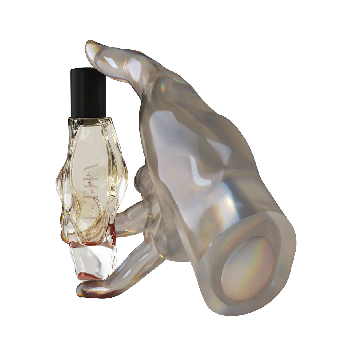 Glass perfume bottle held by a decorative hand on a white background