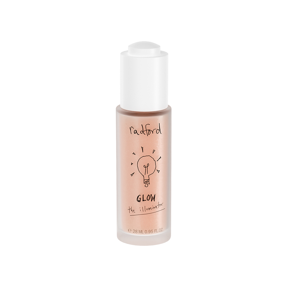 A bottle of Radford Glow the Illuminator liquid foundation with a white cap, shown on a plain white background.