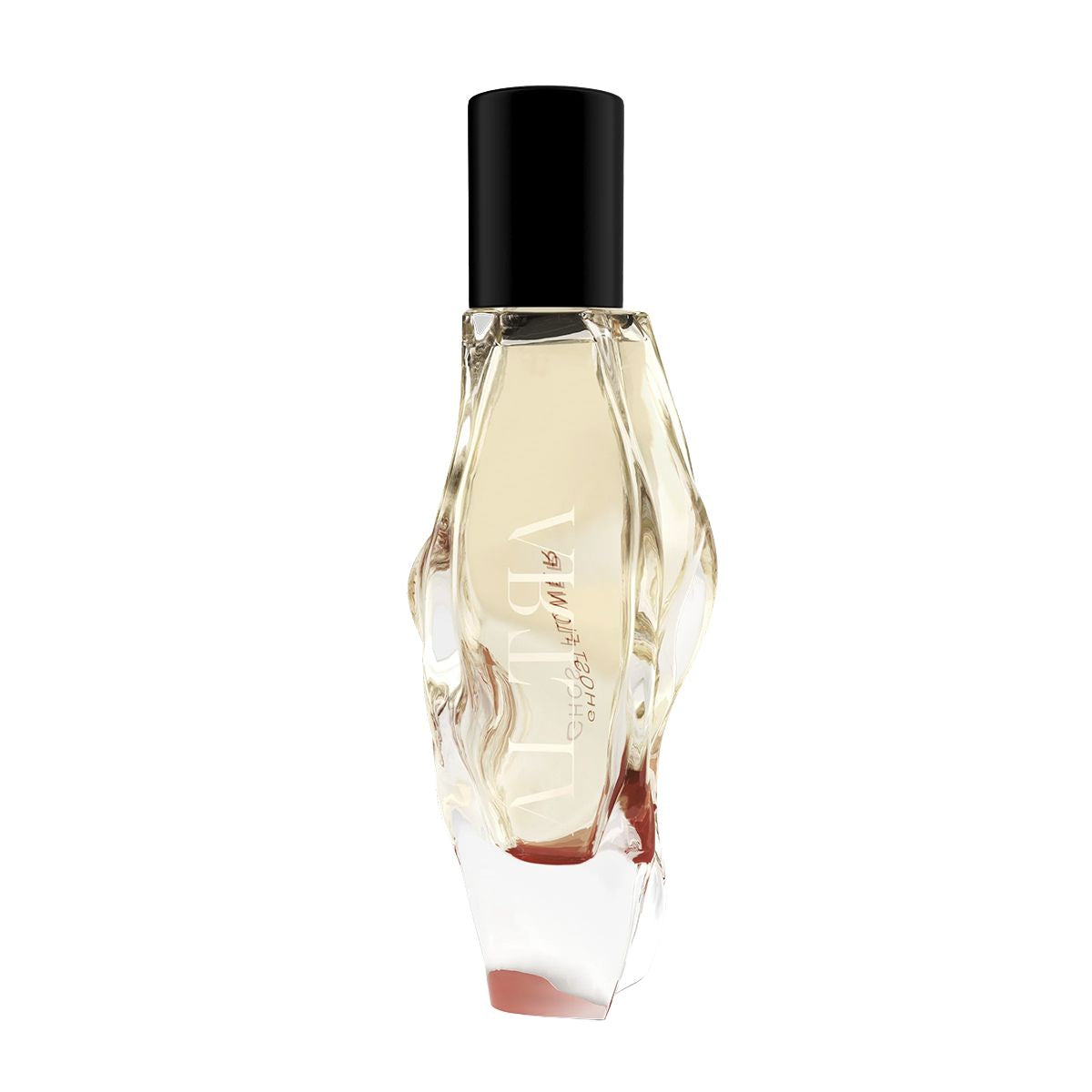Perfume bottle with a black cap on a white background