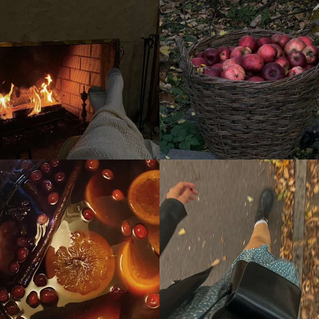 Collage of four images: a fireplace, a basket of apples, a fruit compote, and a person walking.