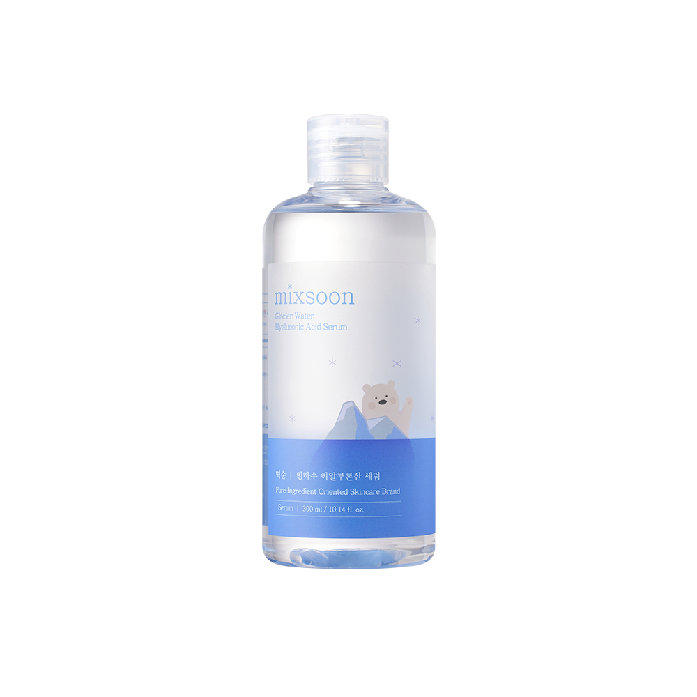 A clear plastic bottle of Mixsoon Glacier Water Hyaluronic Acid Serum  with a white and blue label featuring a cartoon polar bear, set against a plain white background.
