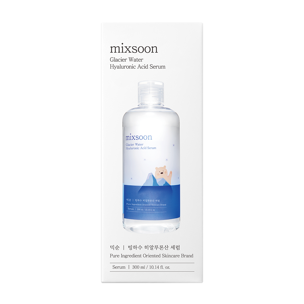 Mixsoon Glacier Water Hyaluronic Acid Serum in a 300 ml white box with a clear bottle and blue label graphic, shown on a plain white background.