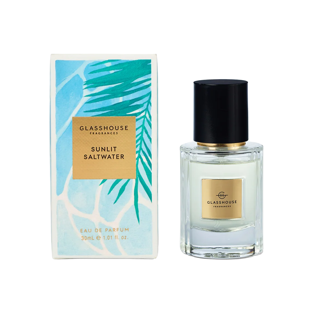 Glasshouse Sunlit Saltwater perfume bottle and packaging on a white background