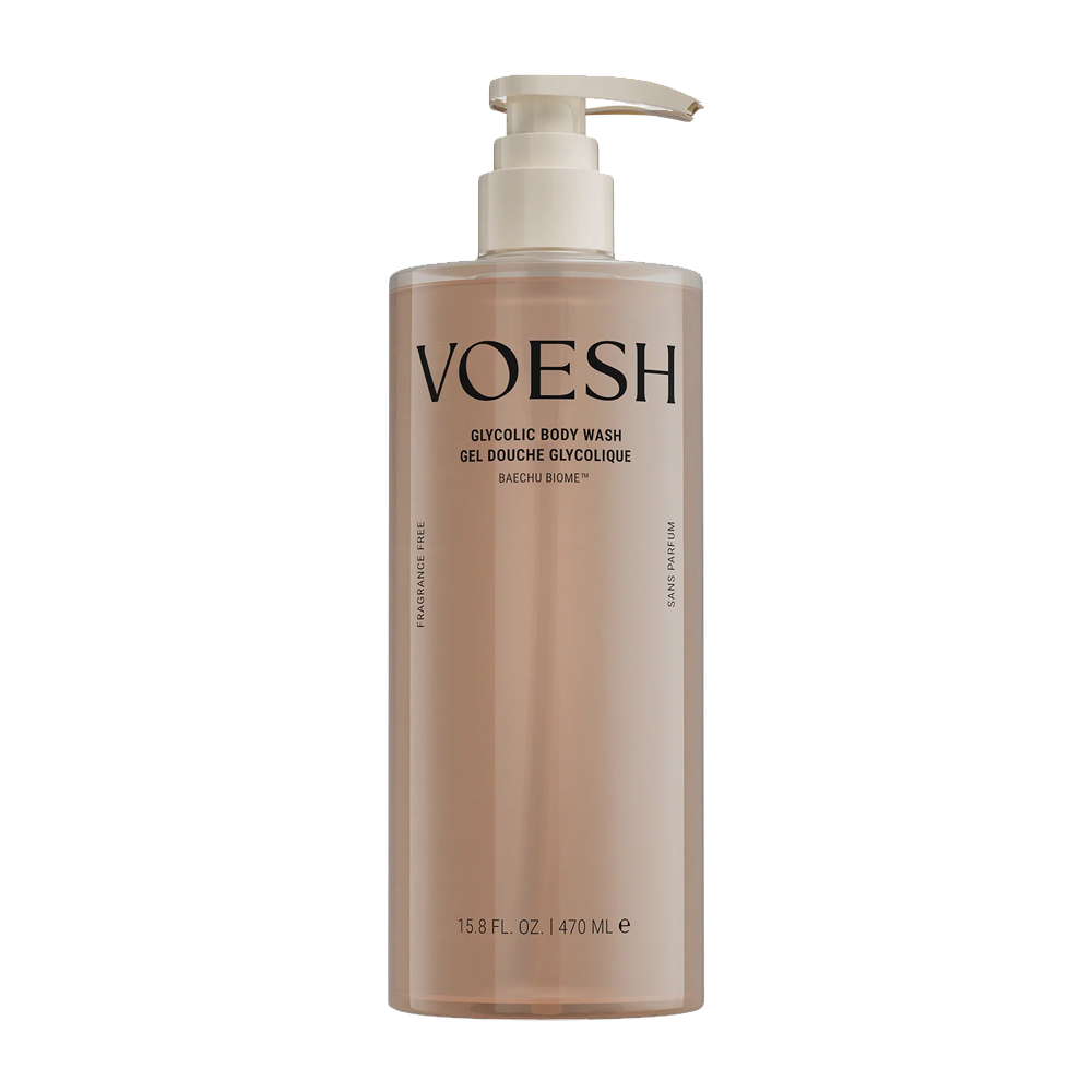 A tall, beige pump bottle of VOESH Glycolic Body Wash on a solid white background.