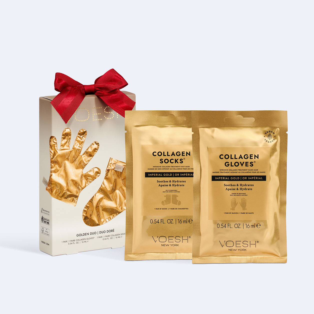 VOESH collagen socks packaging with gold packets and a decorative box on a light gray background