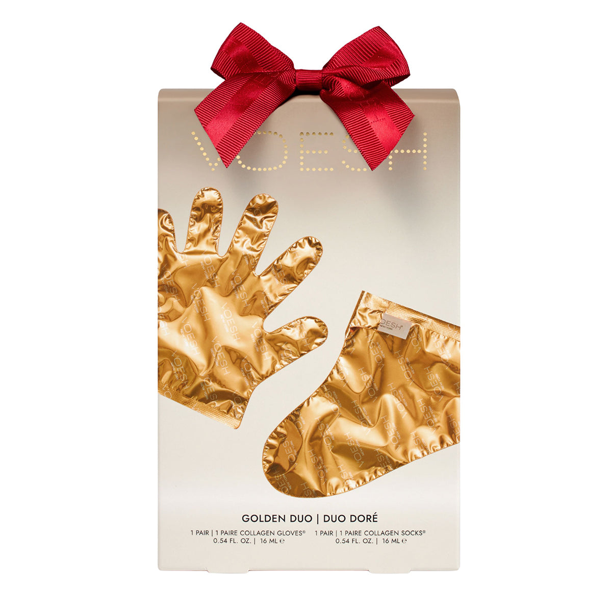 Packaging of 'Golden Duo' gold gloves and socks with a red bow on a white background