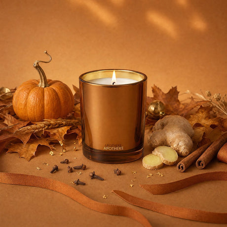 An amber glass jar candle with a lit wick sits on a warm brown surface surrounded by autumn props including a small pumpkin, dried leaves, cinnamon sticks, ginger root, cloves, and ribbon. The candle label reads 'APOTHEKE'.