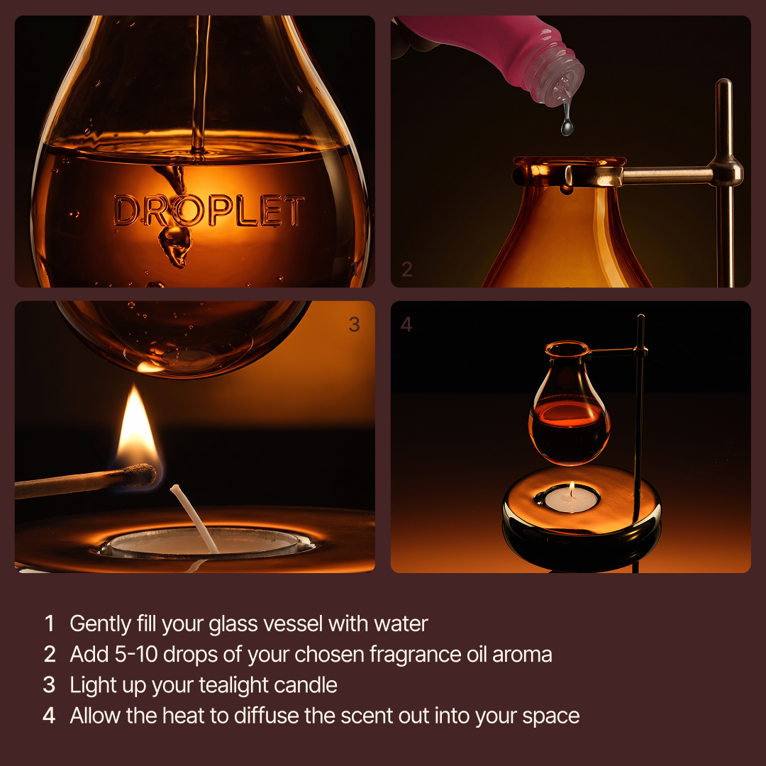 Four-panel instructional graphic showing how to use a glass droplet tea light candle warmer: filling the glass vessel with water, adding fragrance oil drops, lighting the candle, and the warmer glowing to diffuse scent. Text at the bottom lists the steps.