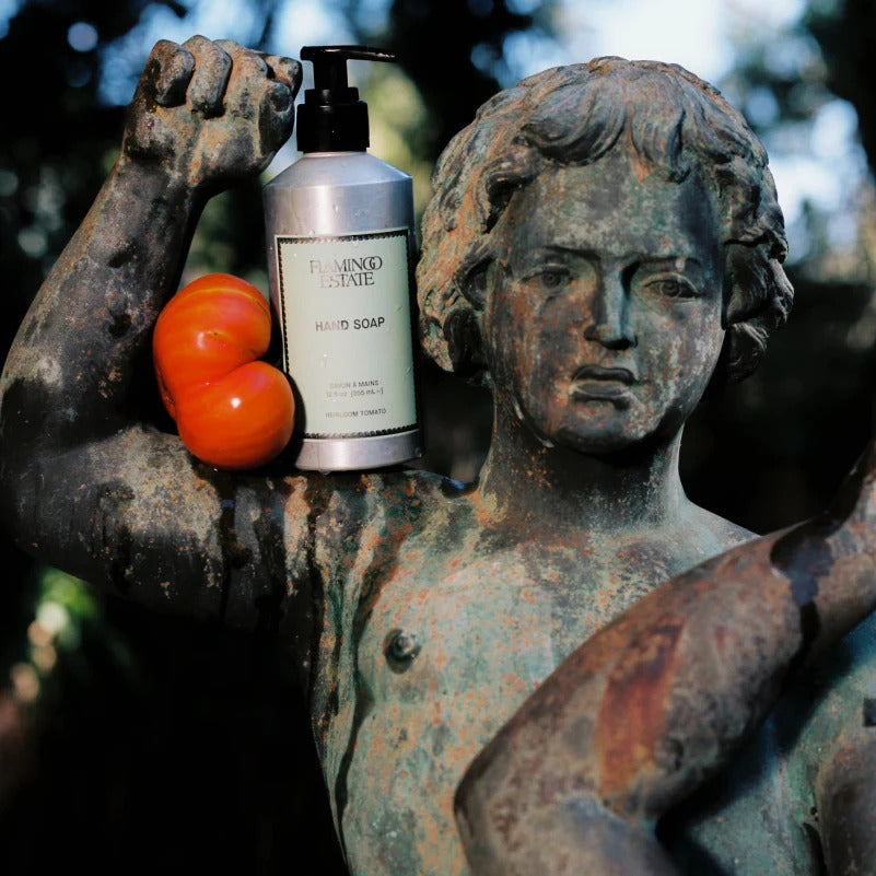 Statue holding a bottle of hand soap and tomatoes outdoors