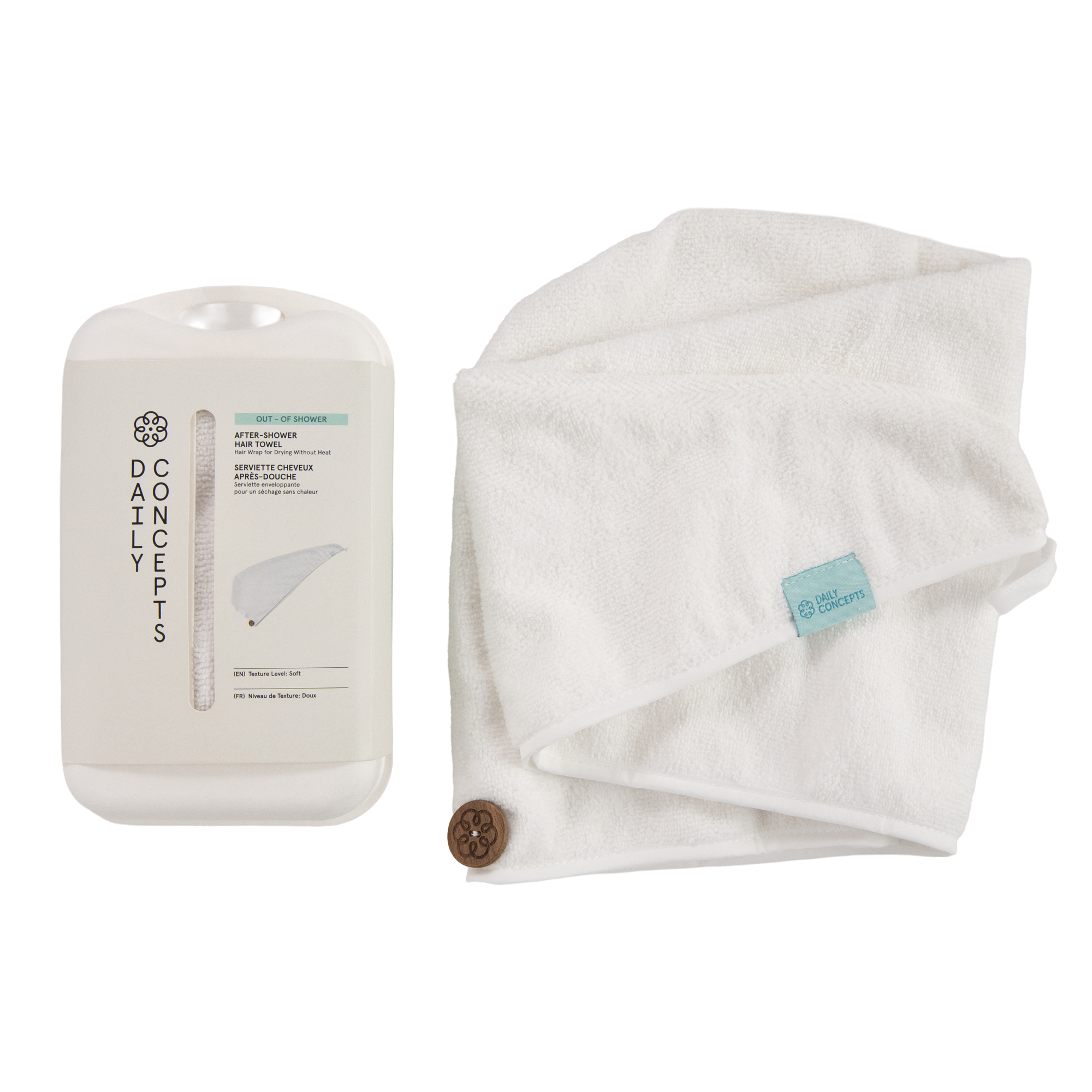White hair towel and packaging with 'Daily Concepts' branding on a white background