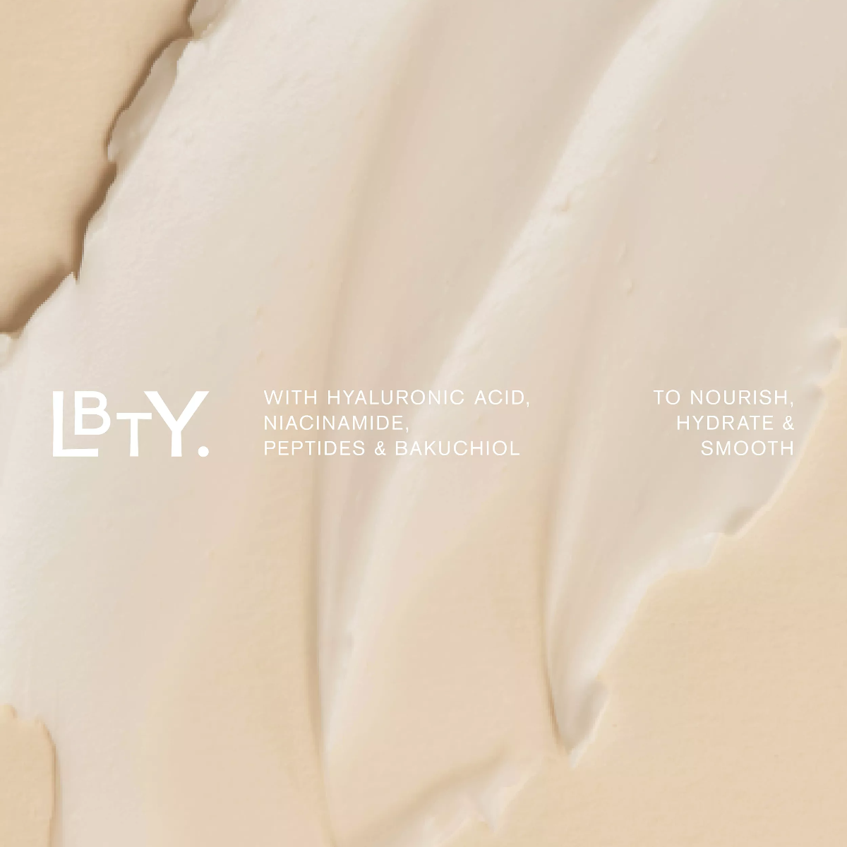 Smooth beige texture with LBTY branding and product benefits text.