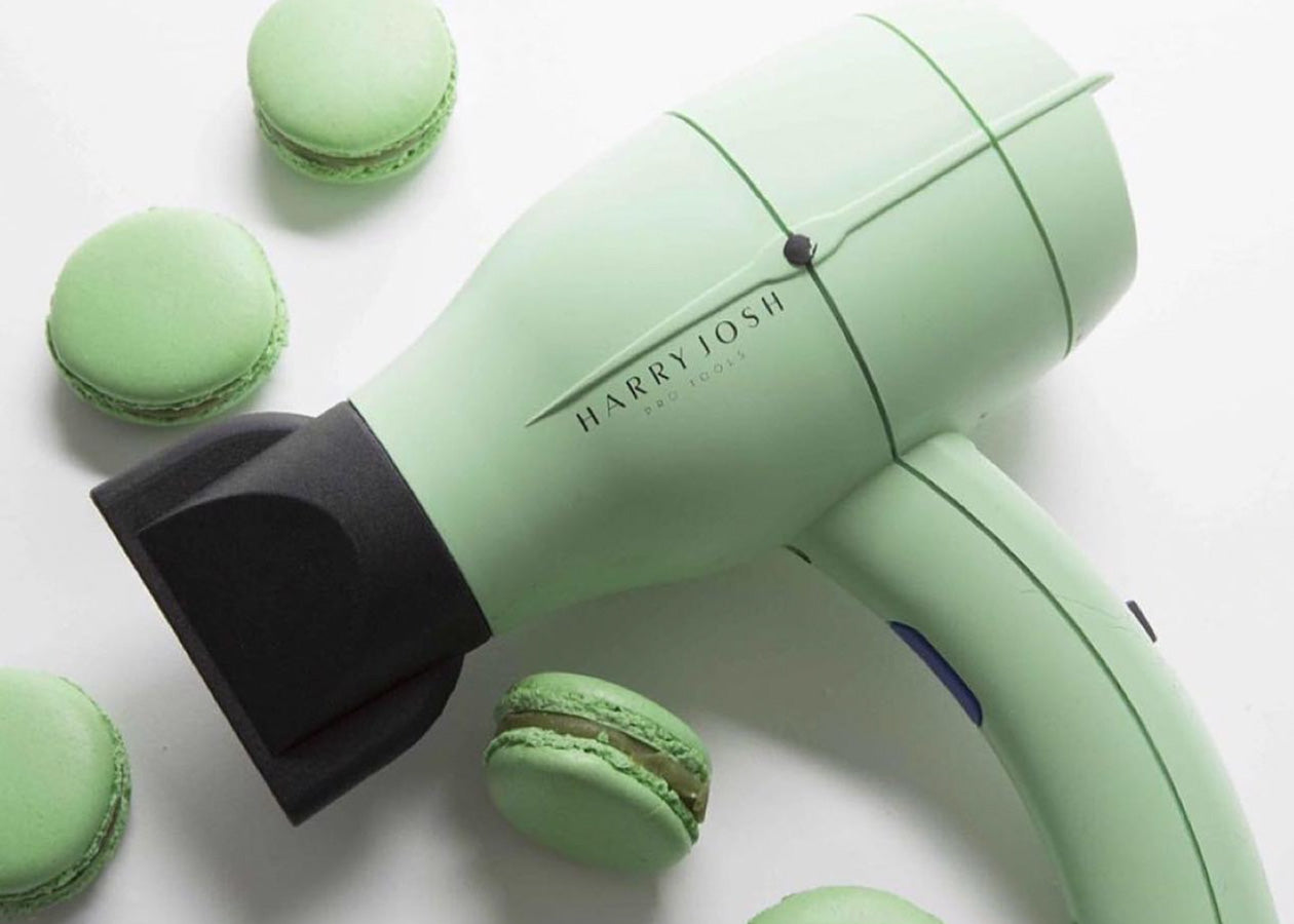 Harry Josh Blow Dryer and green macaroons. 
