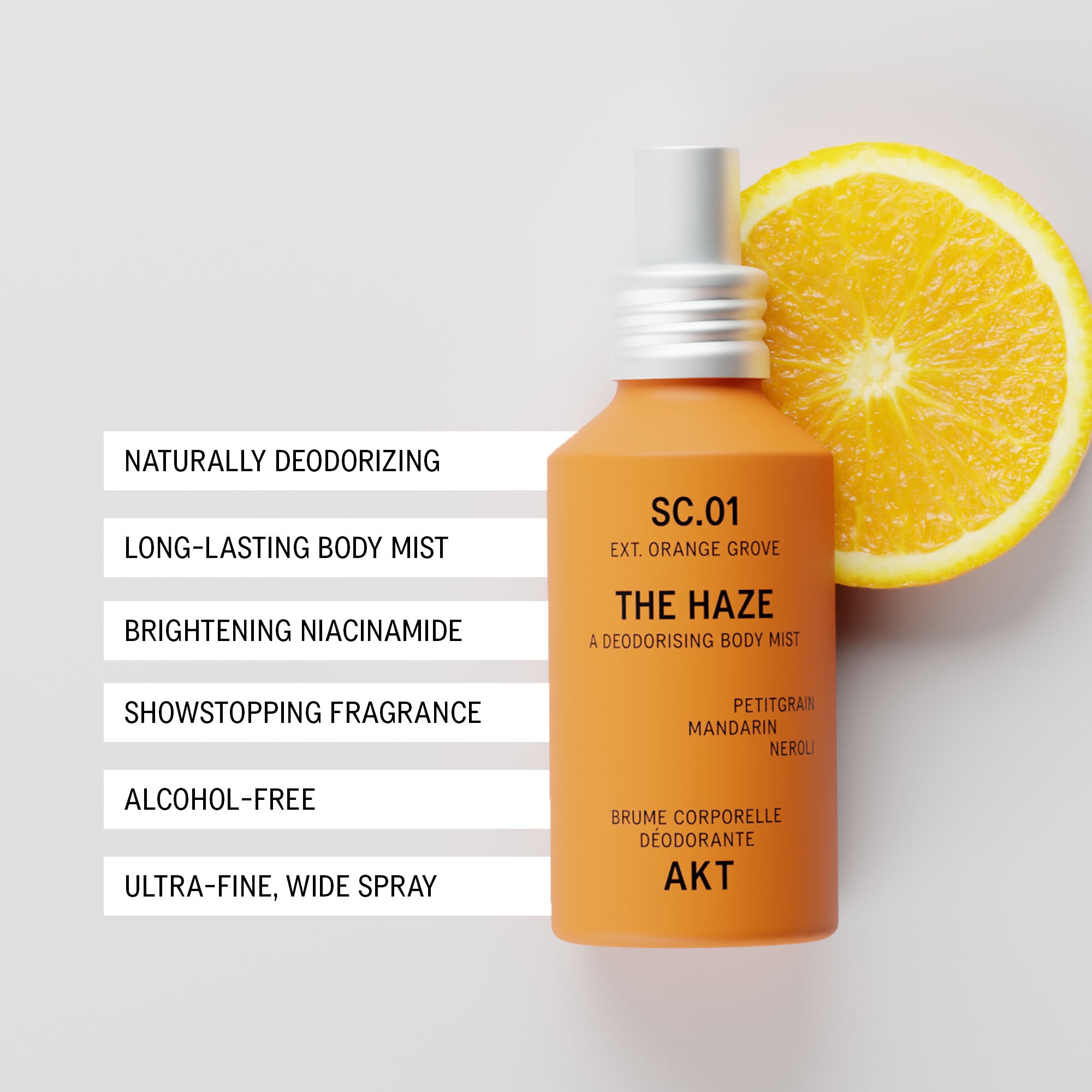 Bottle of The Haze SC.01 Orange Grove deodorant spray, shown on a light gray background with a sliced orange half behind it and a vertical list of product benefits on the left.