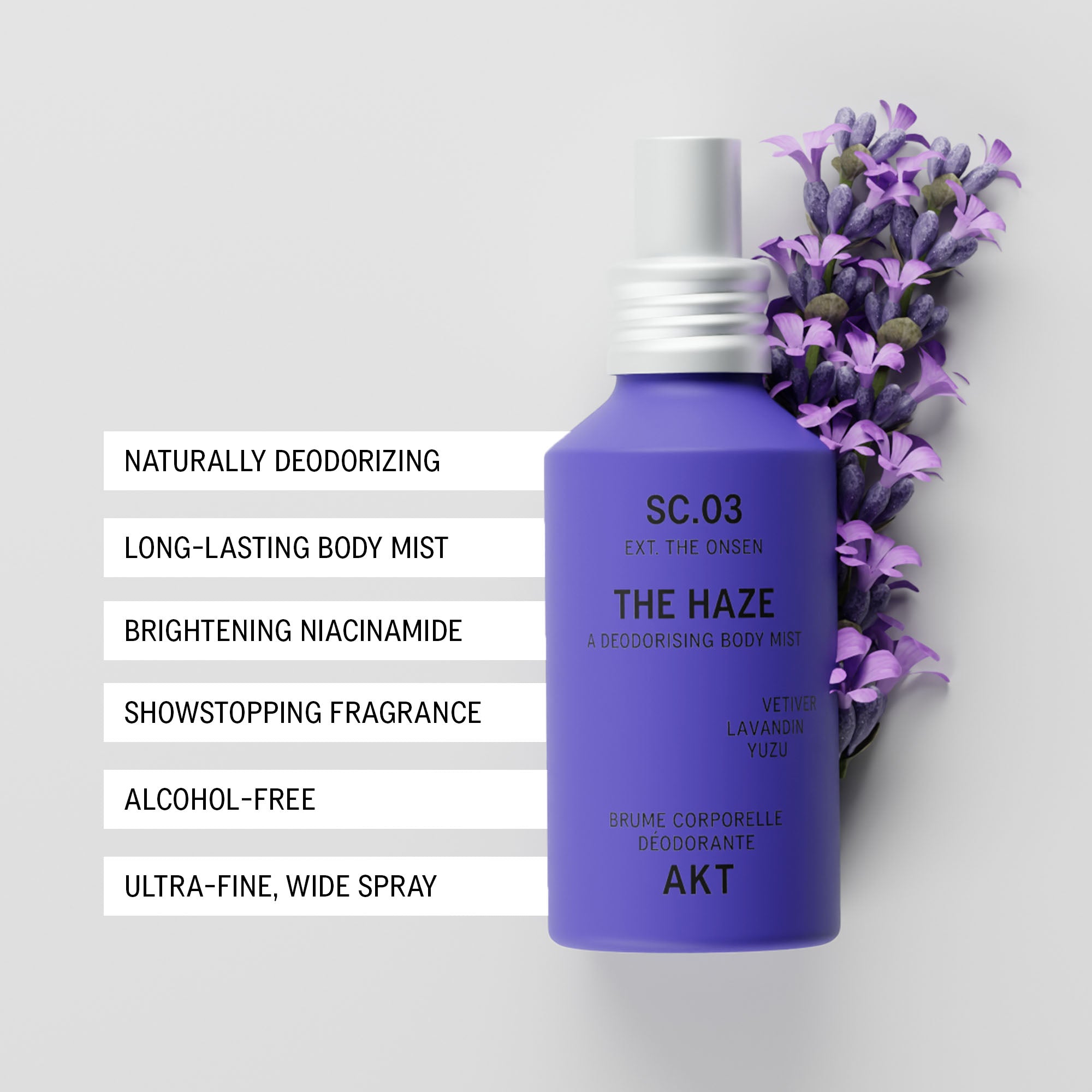Bottle of AKT The Haze SC. 03 The Onsen styled with purple lavender flowers on a light gray background and accompanied by a list of product benefits on the left.