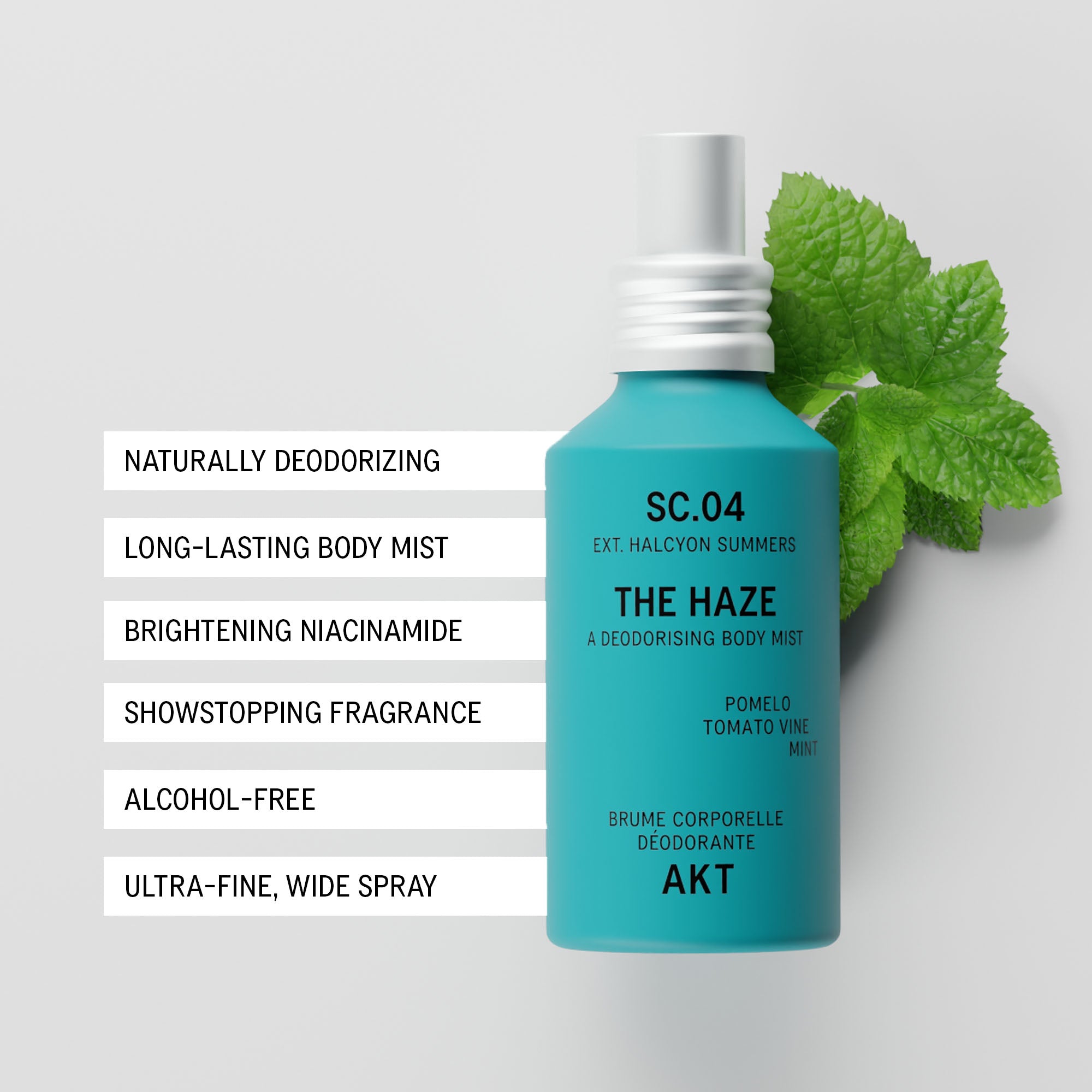 Bottle of AKT The Haze SC. 04 Halcyon Summers, shown on a light gray background with green mint leaves and a list of product benefits on the left.