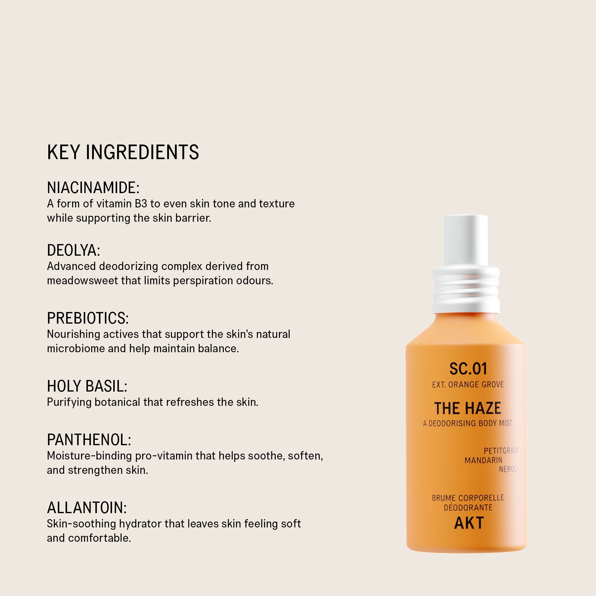 An informational product graphic on a light beige background showing the text 'KEY INGREDIENTS' with ingredient descriptions and a bottle of The Haze SC.01 Orange Grove deodorant spray