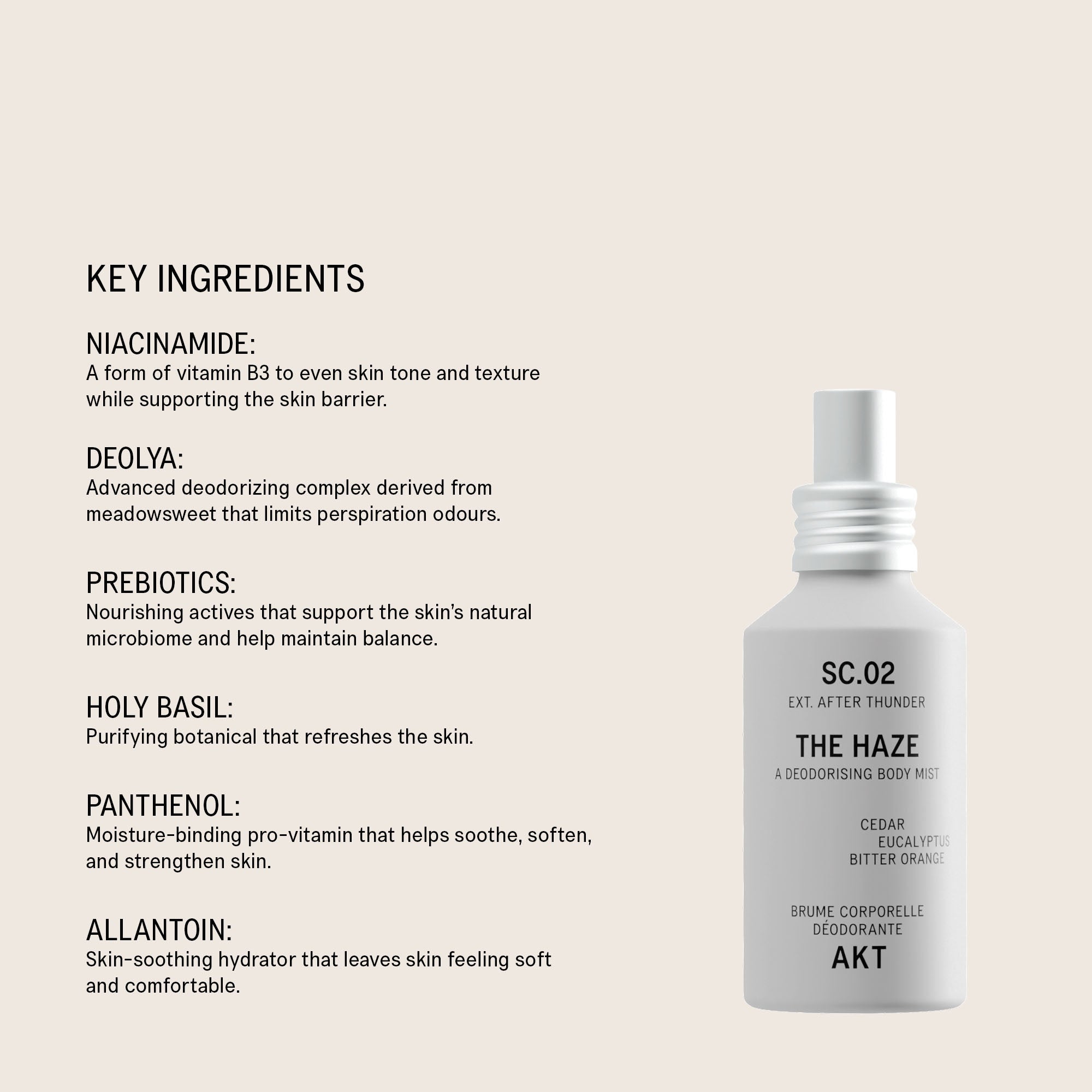 Bottle of AKT The Haze SC. 02 After Thunder shown on a light beige background with text listing key ingredients including niacinamide, deolya, prebiotics, holy basil, panthenol, and allantoin.