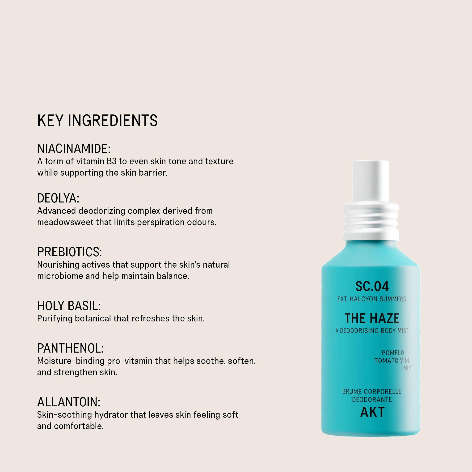 Bottle of AKT The Haze SC. 04 Halcyon Summers on a light beige background with text listing key ingredients: niacinamide, deolya, prebiotics, holy basil, panthenol, and allantoin. The bottle is bright aqua/turquoise with a white spray top.
