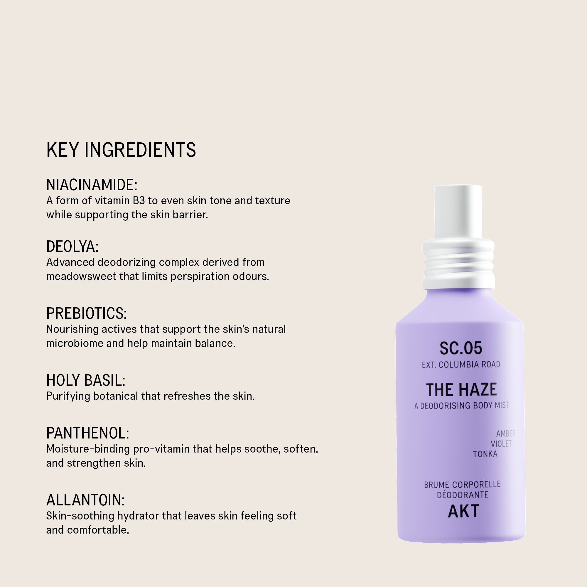 Bottle of AKT The Haze SC. 05 Columbia Road, shown on a light beige background with text listing key ingredients on the left.