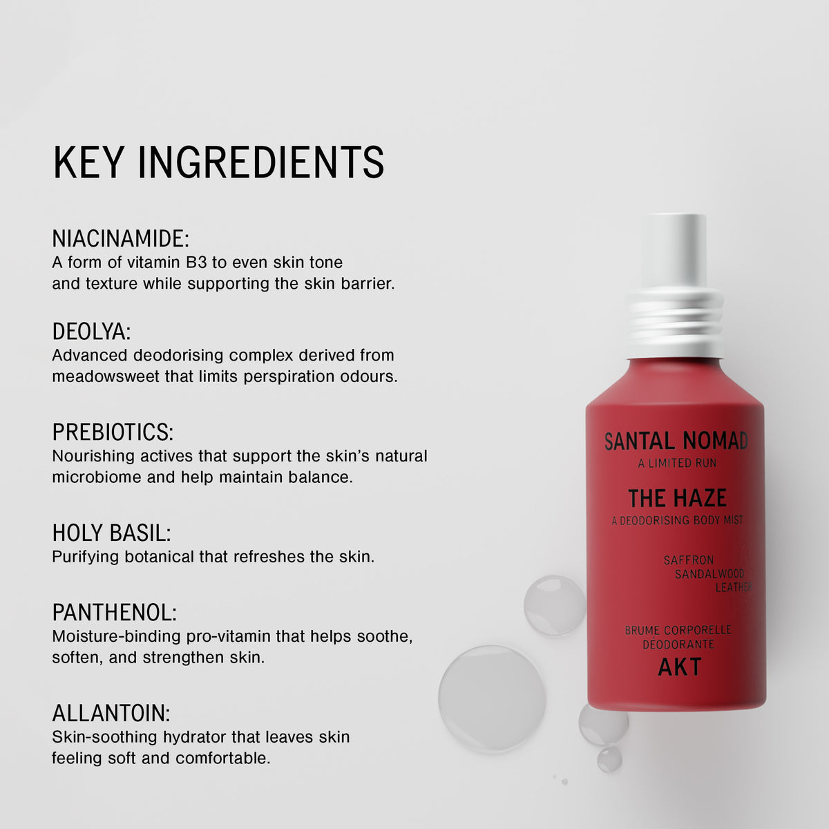 A red bottle of Santal Nomad 'The Haze' deodorizing body mist by AKT, displayed on a light gray background next to a 'KEY INGREDIENTS' text panel detailing its active ingredients.