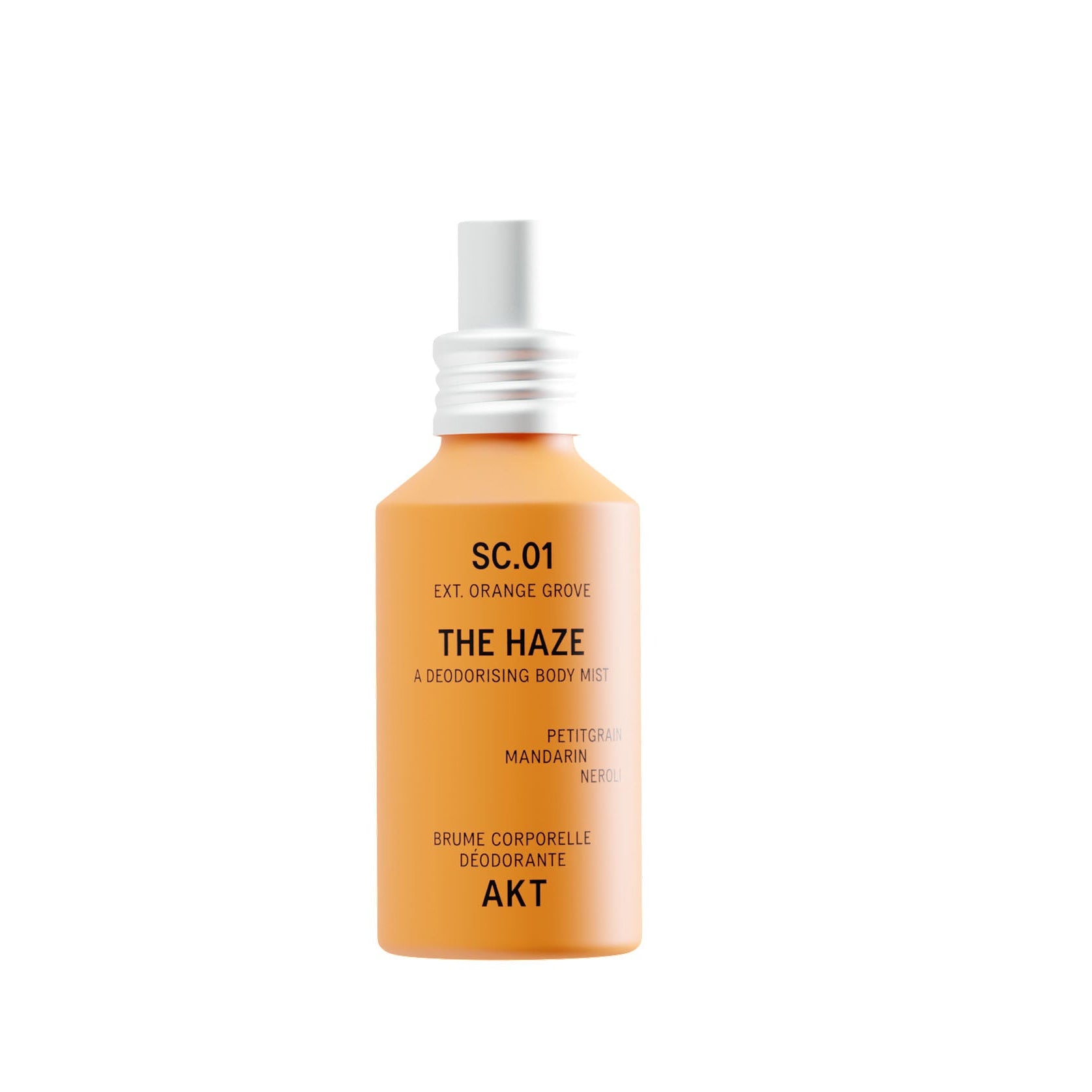 Bottle of The Haze SC.01 Orange Grove deodorant spray, featuring an orange body and a white spray nozzle, centered on a plain white background.