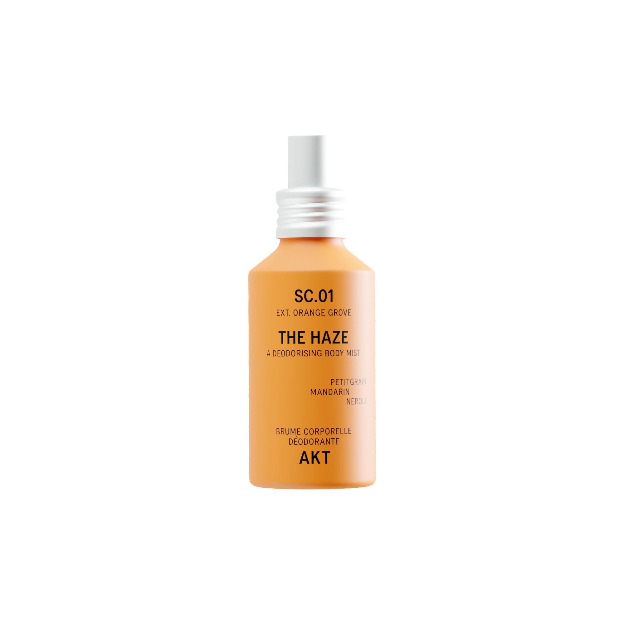 Bottle of The Haze SC.01 Orange Grove deodorant spray, featuring an orange body and a white spray nozzle, centered on a plain white background.