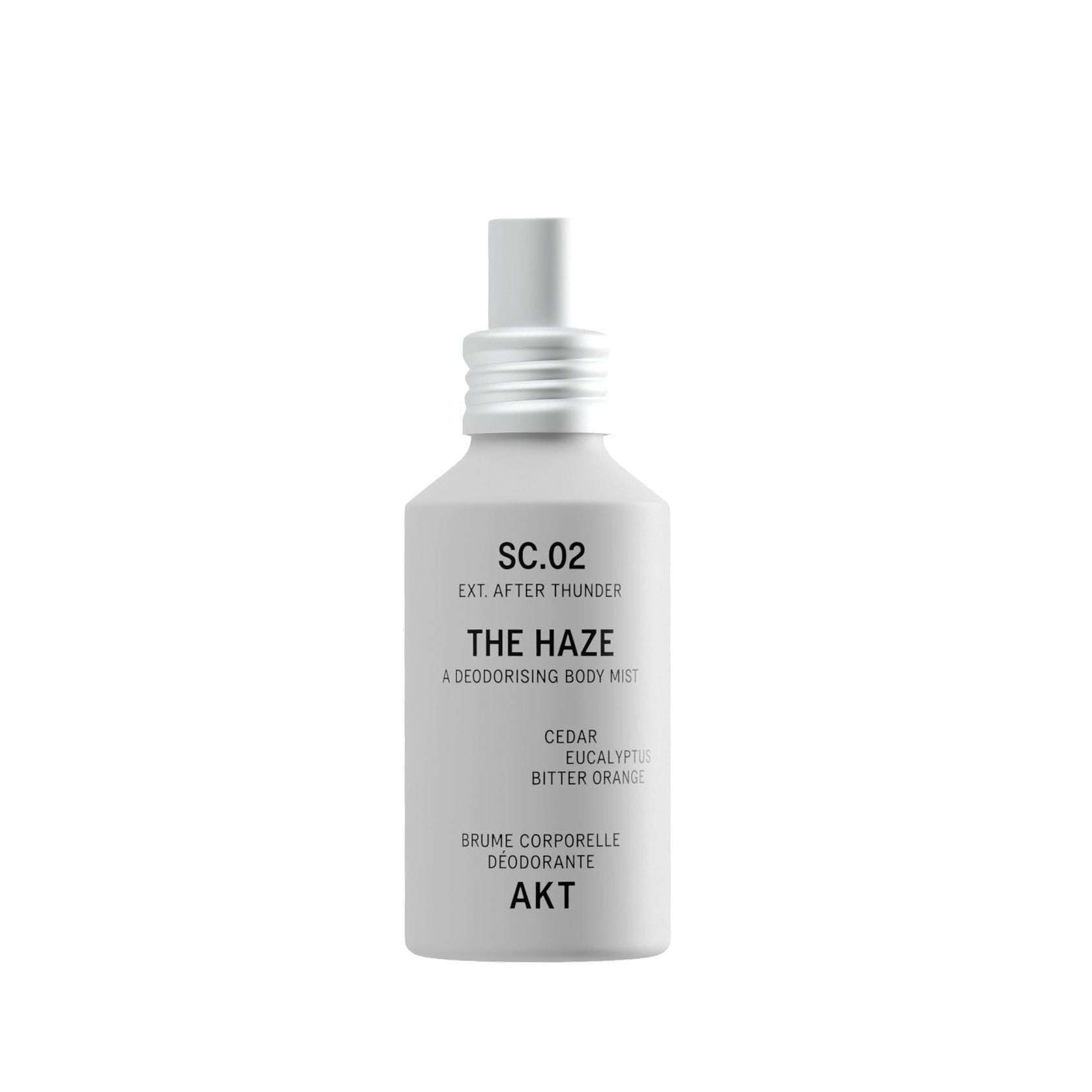 Bottle of AKT The Haze SC. 02 After Thunder deodorizing body spray on a solid white background.