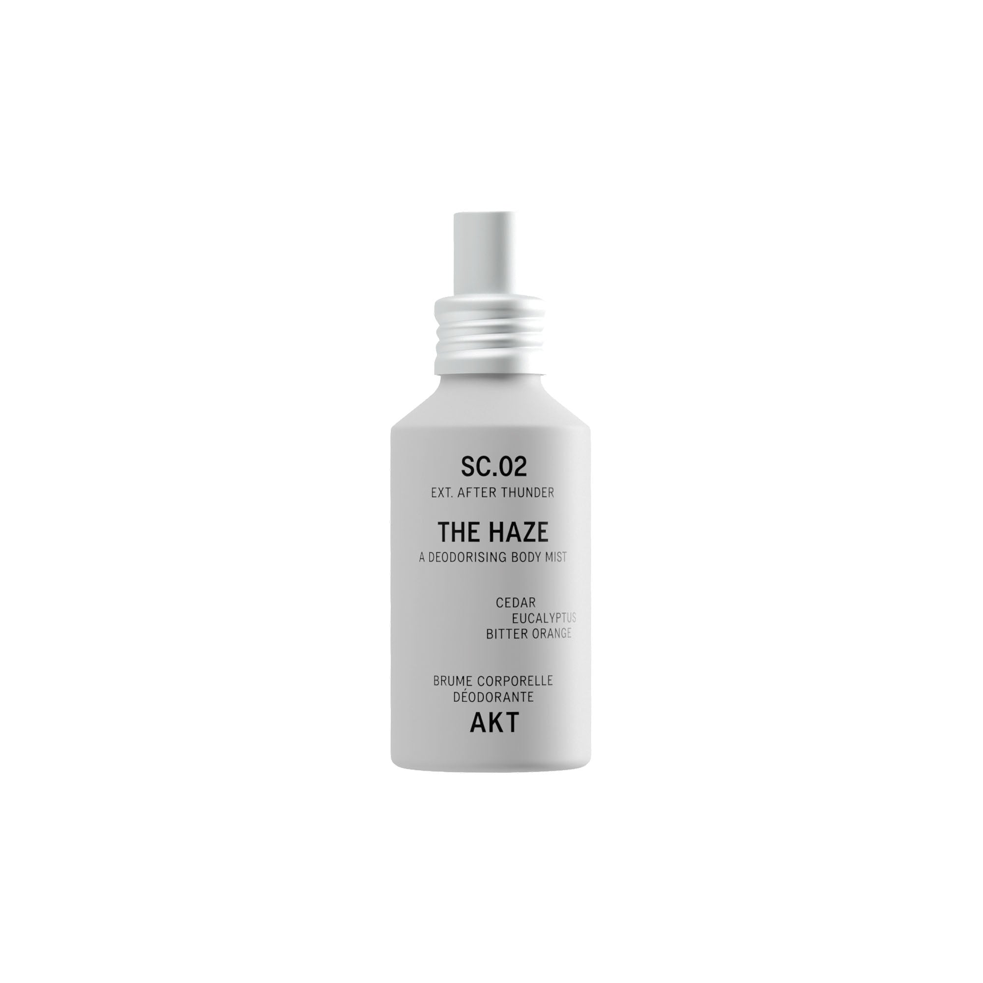 Bottle of AKT The Haze SC. 02 After Thunder deodorizing body spray on a solid white background.