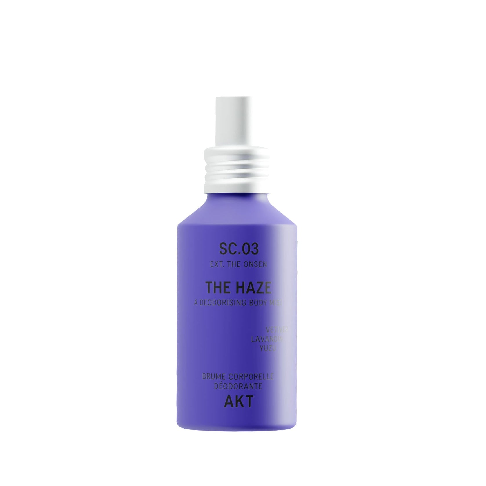 Bottle of AKT The Haze SC. 03 The Onsen with a white spray nozzle, centered on a plain white background.