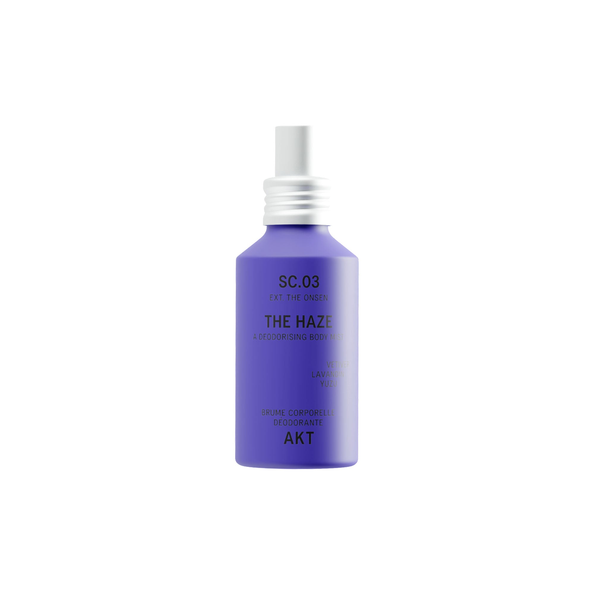 Bottle of AKT The Haze SC. 03 The Onsen with a white spray nozzle, centered on a plain white background.